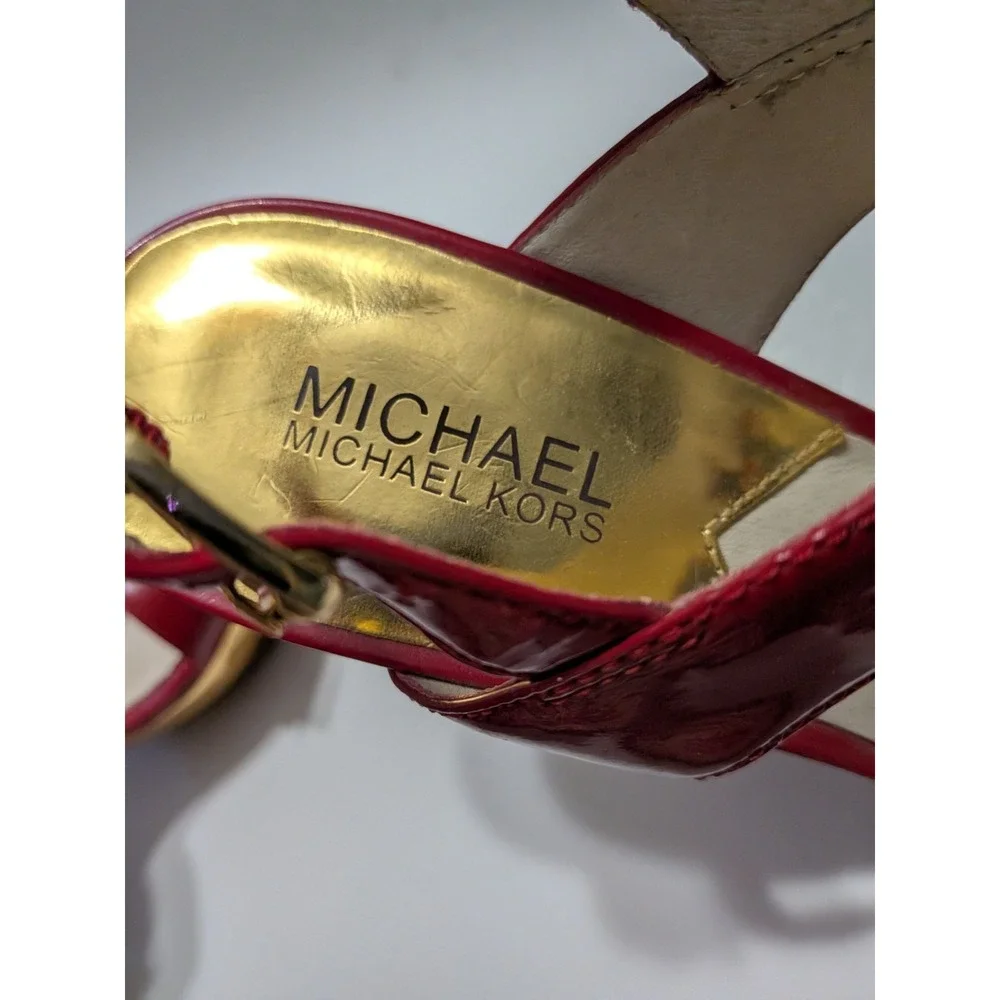 Michael Kors Red Patent Leather MK Logo T-Strap Platform Sandals Heels 8M